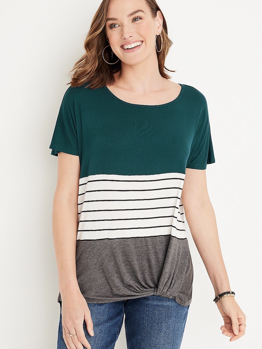 Maurices 24/7 Plus Size Green White & Gray Colorblock Scoop Neck Knotted Top